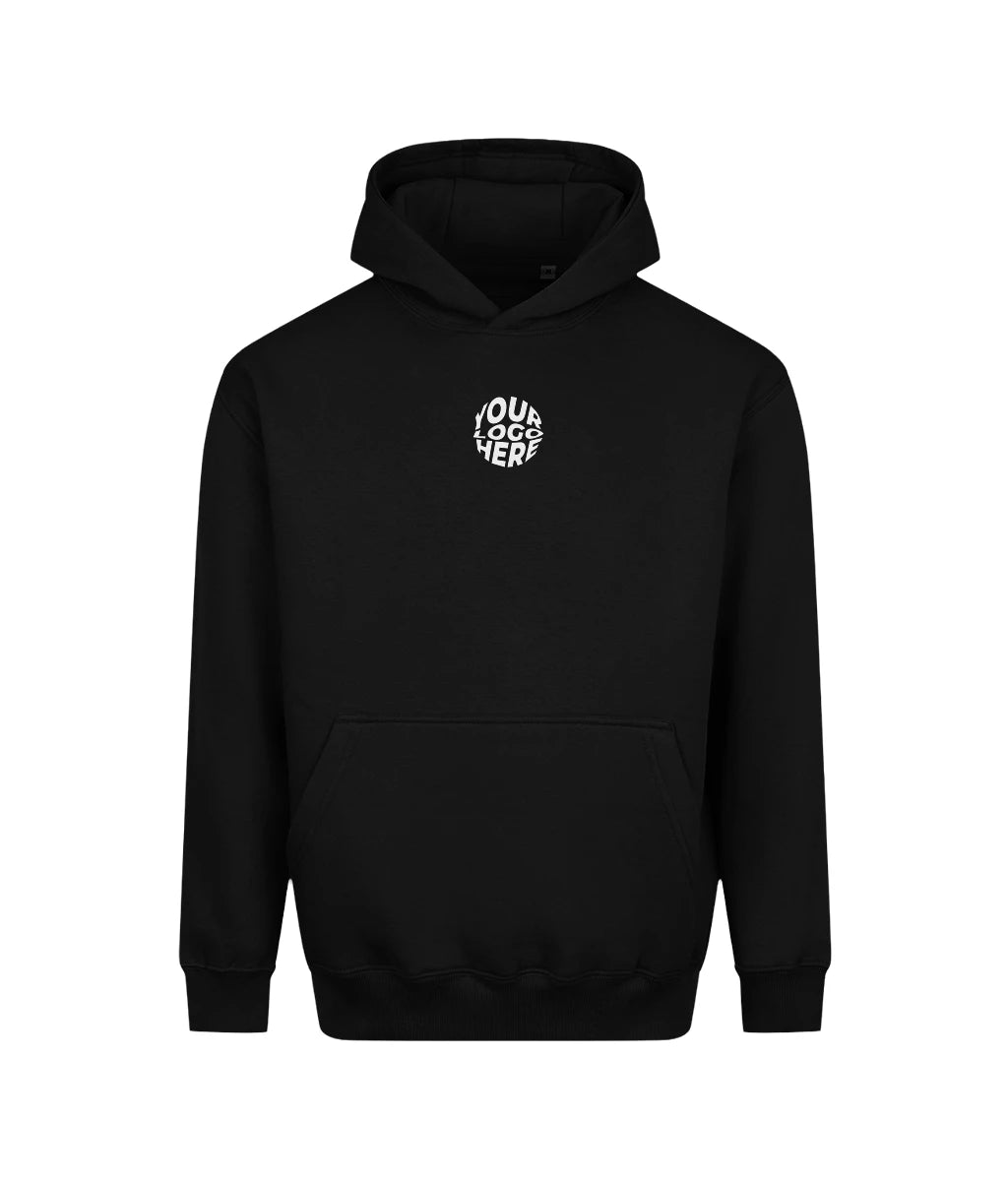 Black custom club hoodie, front view