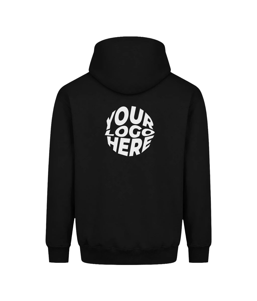 Black custom club hoodie, back view
